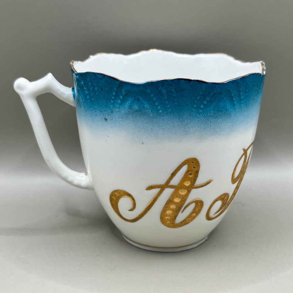 Antique Weimar Germany Porcelain A Present Cup Teal Blue Gold Scalloped As Is